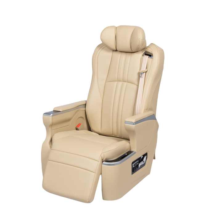 Luxury travel experience with reclining van seats featuring high density foam soft touch leather and easy adjustment.