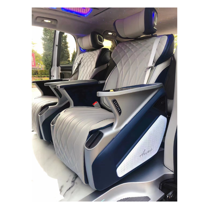 Ergonomic van seats with ultra-soft padding 180-degree reclining and advanced climate control features.